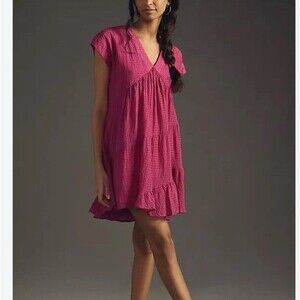 Anthropologie Maeve Juliet Tiered Tunic Mini Dress Size MP fushia Boho